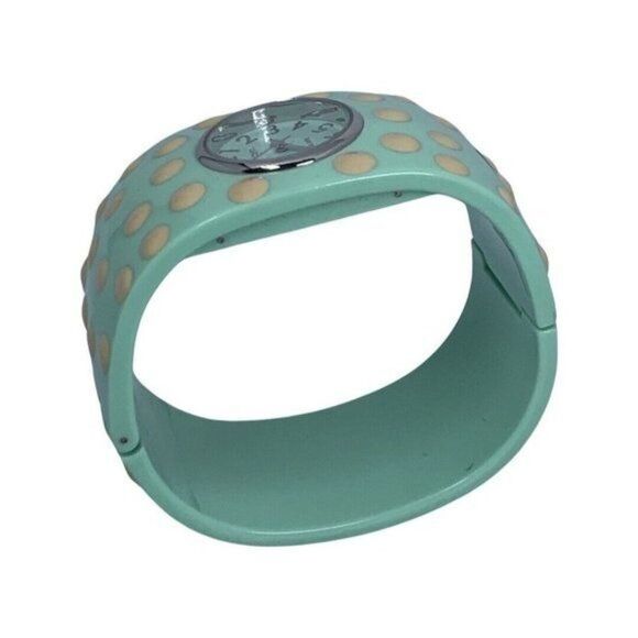 VTG BETSEY JOHNSON Green Polka Dot Hinged Woman\'s Bangle Watch 7\
